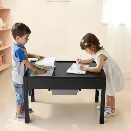 Kids Wooden Building Block Table, Reversible Top, 2 Storage Bins