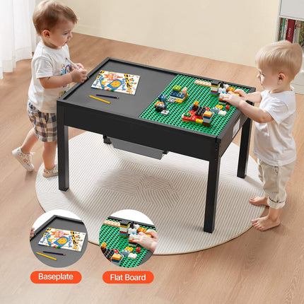 Kids Wooden Building Block Table, Reversible Top, 2 Storage Bins