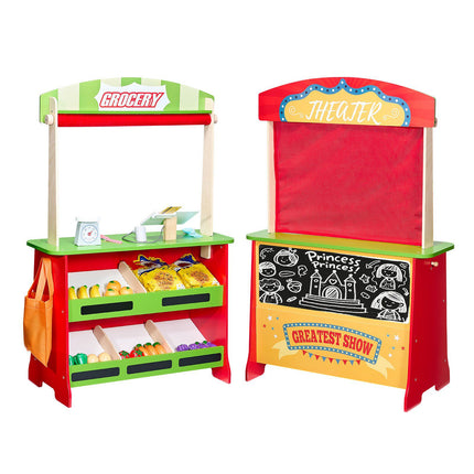 Kids Wooden Grocery Store Playset – 2-In-1 Puppet Theater