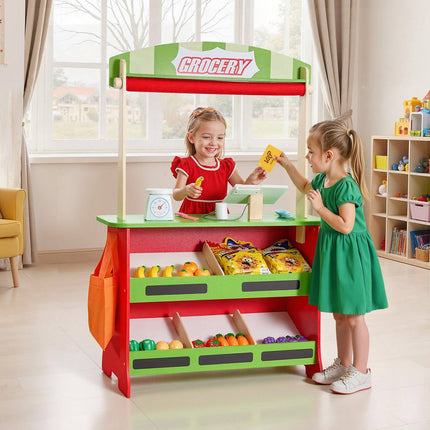 Kids Wooden Grocery Store Playset – 2-In-1 Puppet Theater
