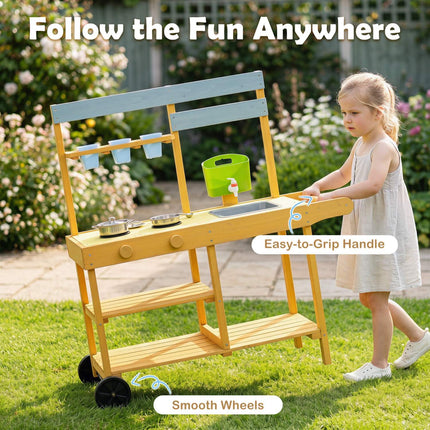 Kids Wooden Mud Kitchen with Wheels and Flowerpots