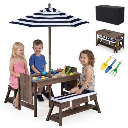 Kids Wooden Picnic Table Set with Umbrella and Cushions