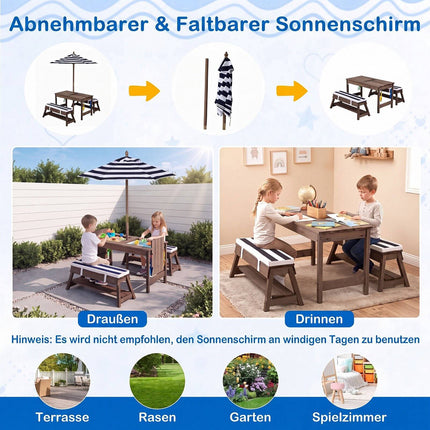 Kids Wooden Picnic Table Set with Umbrella and Cushions