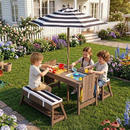Kids Wooden Picnic Table Set with Umbrella and Cushions