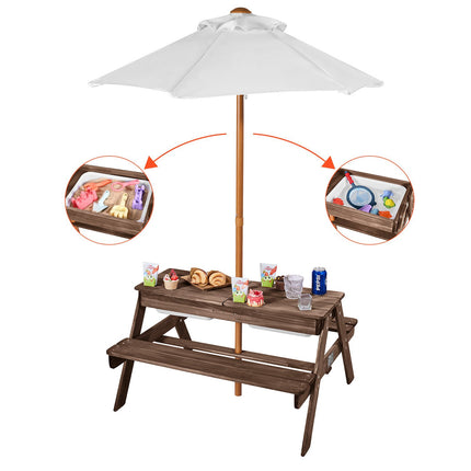 Kids Wooden Picnic Table With Umbrella, Sand Water Trays