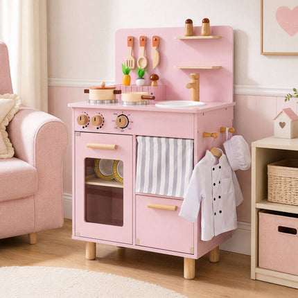 Kids Wooden Play Kitchen Set, Pink – Sink, Stove, Storage