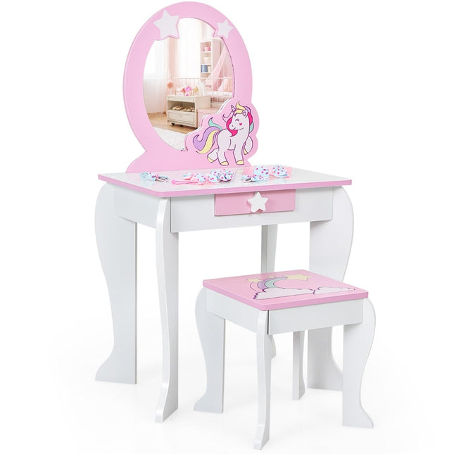Kinder-Schminktisch-Set aus Holz mit Hocker, Spiegel, Schublade – Rosa & Weiß