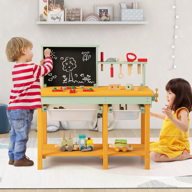 Dětský dřevěný ponk, úložné boxy, tabule, 16 nástrojů