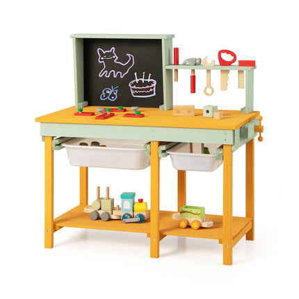 Dětský dřevěný ponk, úložné boxy, tabule, 16 nástrojů