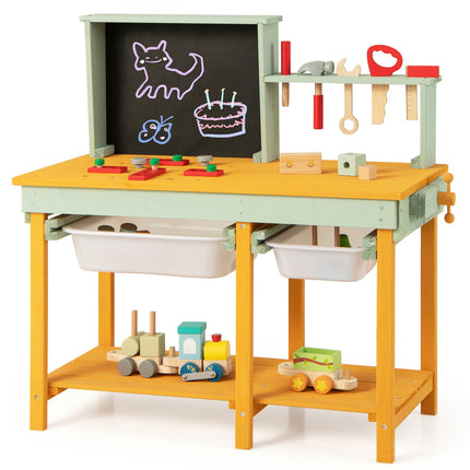 Dětský dřevěný ponk, úložné boxy, tabule, 16 nástrojů