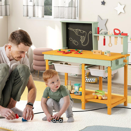 Dětský dřevěný ponk, úložné boxy, tabule, 16 nástrojů