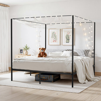 King Metal Canopy Bed Frame, Steel Slats, No Box Spring