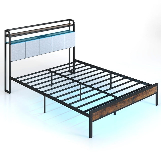 Kovový rám postele King Size s LED osvětlením, nabíjecí stanicí a čalouněným čelem