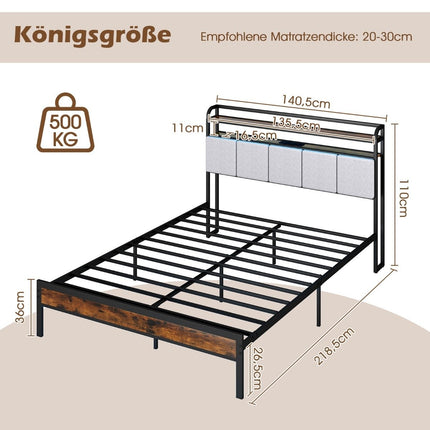 Kovový rám postele King Size s LED osvětlením, nabíjecí stanicí a čalouněným čelem