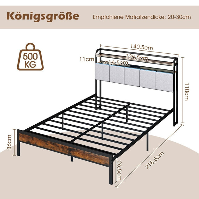 Kovový rám postele King Size s LED osvětlením, nabíjecí stanicí a čalouněným čelem