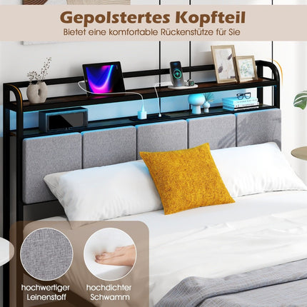 Kovový rám postele King Size s LED osvětlením, nabíjecí stanicí a čalouněným čelem