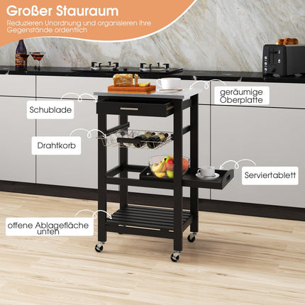 Kitchen Cart with Stainless Steel Top, Black, 47x39x85 cm
