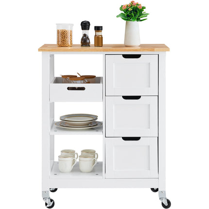 Kitchen Island Cart, 26-Inch Wood Top, 3 Drawers, White