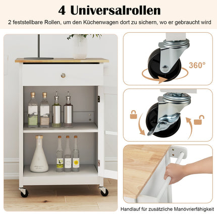 Kitchen Island Cart with Wood Top & Glass Door