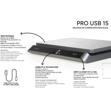 Küchenwaage PRO USB-C 15kg Edelstahl IP67