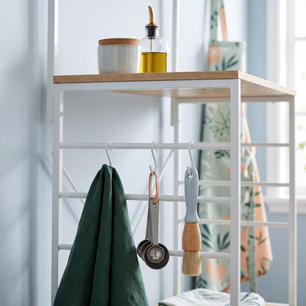 Kitchen Shelf with 4 Tiers & Hooks – Wood Look, MDF & Metal