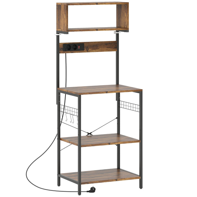Keukenplank met 5 haken, 5 planken, stopcontact, staal, 60x42x153 cm