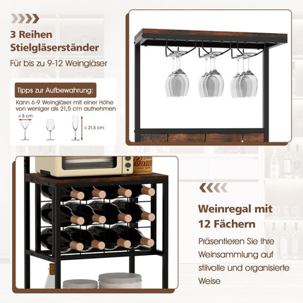 Kitchen Shelf with Wine Rack, Glass Holders & Hooks, Brown