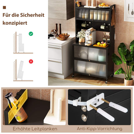 Kitchen Storage Cabinet with Wheels, Folding Doors, Hooks