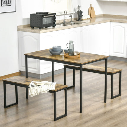 Industrial dining table set with benches, metal, rustic brown