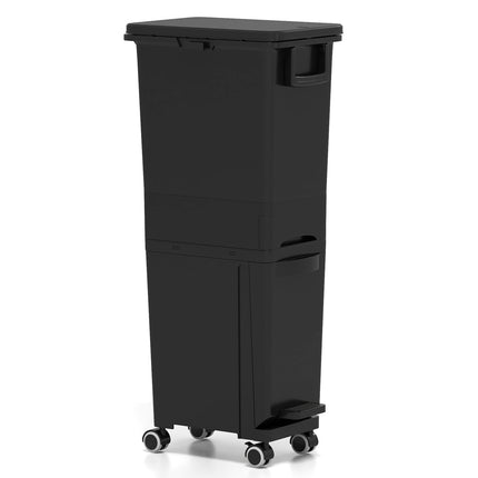 Kuchyňský odpadkový koš se 3 komorami, černý, 4 kolečka