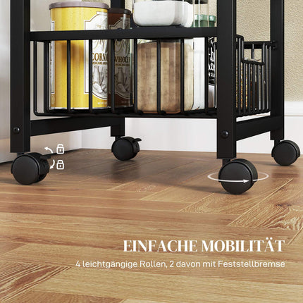 Kitchen Trolley with Wheels, 4 Steel Baskets, MDF Top