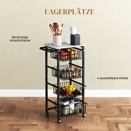 Kitchen Trolley with Wheels, 4 Steel Baskets, MDF Top