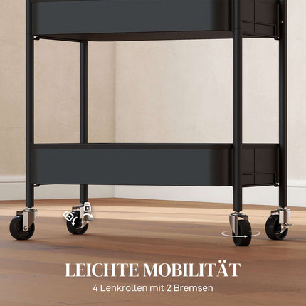 Kitchen Utility Cart, 3 Shelves, 4 Wheels, Black, 45x31x79 cm
