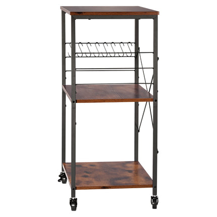 Kitchen Utility Cart, 3-Tier Rolling Microwave Stand, 8 Hooks
