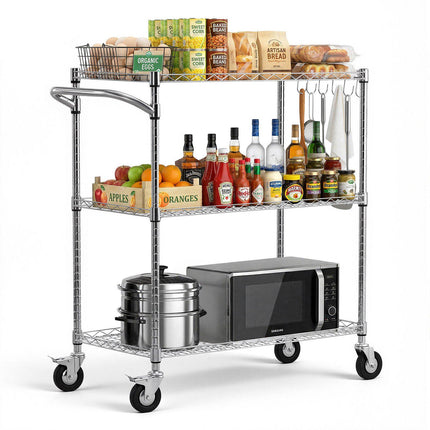 Kitchen Utility Cart, 3-Tier Rolling Wire Rack, 89x45x104 cm