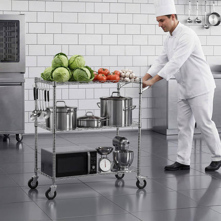 Kitchen Utility Cart, 3-Tier Rolling Wire Rack, 89x45x104 cm