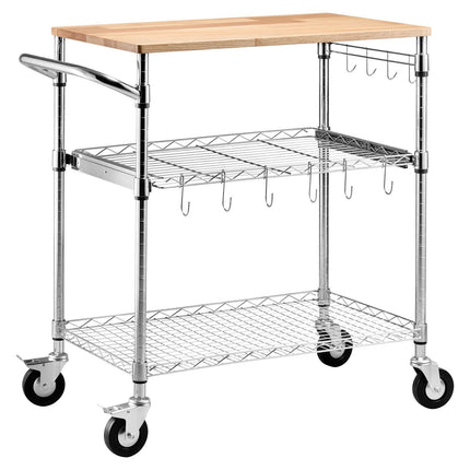 Kitchen Utility Cart, 3-Tier Rolling Wire Rack, Wood Top