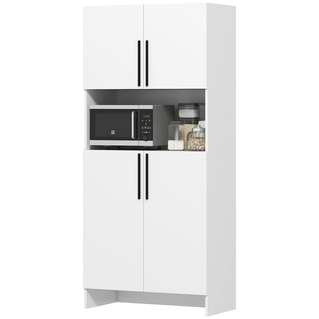 White kitchen tall cupboard, soft-closing doors, microwave shelf