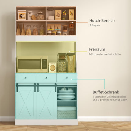 Kitchen cabinet with shelves, cupboards, drawers and storage space, farmhouse flair, adjustable shelves, wood, white