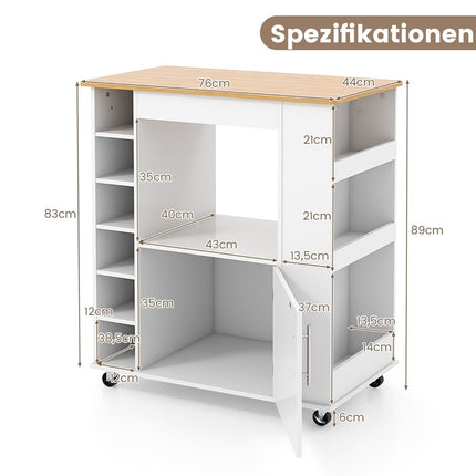 Kuchyňský ostrůvek s úložným prostorem, držákem utěrek, bambusovou deskou a stojanem na víno, bílý