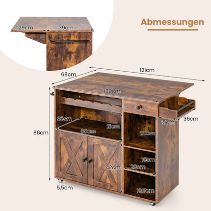 Kuchyňský vozík na kolečkách, servírovací vozík se sklopnou pracovní deskou, 121 x 68 x 88 cm, rustikální hnědá