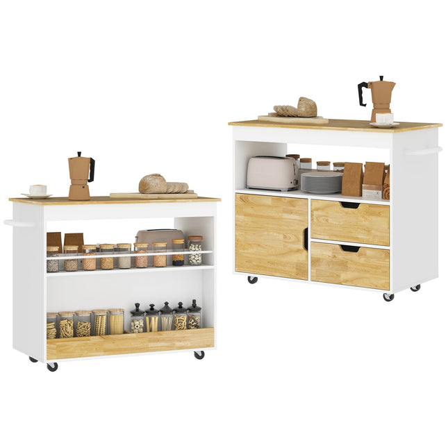 Keukentrolley serveerwagen met werkblad, laden, trolley met keukenkast met soft close deur, handvat, keukeneiland met open vak voor kantoor, 107x50x85cm, eiken