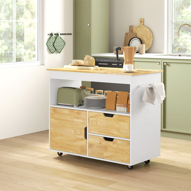 Keukentrolley serveerwagen met werkblad, laden, trolley met keukenkast met soft close deur, handvat, keukeneiland met open vak voor kantoor, 107x50x85cm, eiken