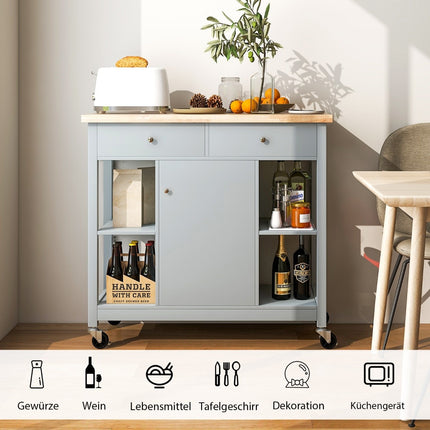 Kuchyňský vozík na kolečkách, kuchyňský ostrůvek s pracovní deskou, servírovací vozík se 2 zásuvkami, 99 x 46 x 90 cm, šedý