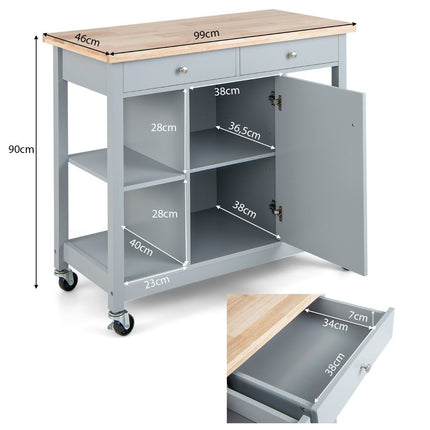 Kuchyňský vozík na kolečkách, kuchyňský ostrůvek s pracovní deskou, servírovací vozík se 2 zásuvkami, 99 x 46 x 90 cm, šedý