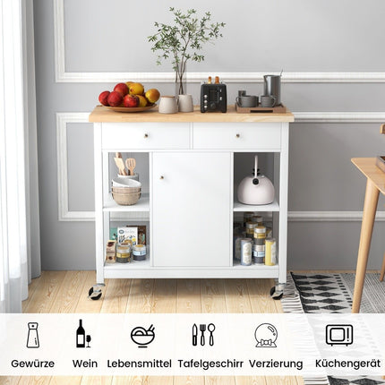 Kuchyňský vozík na kolečkách, kuchyňský ostrůvek s pracovní deskou, servírovací vozík se 2 zásuvkami, 99 x 46 x 90 cm, bílý