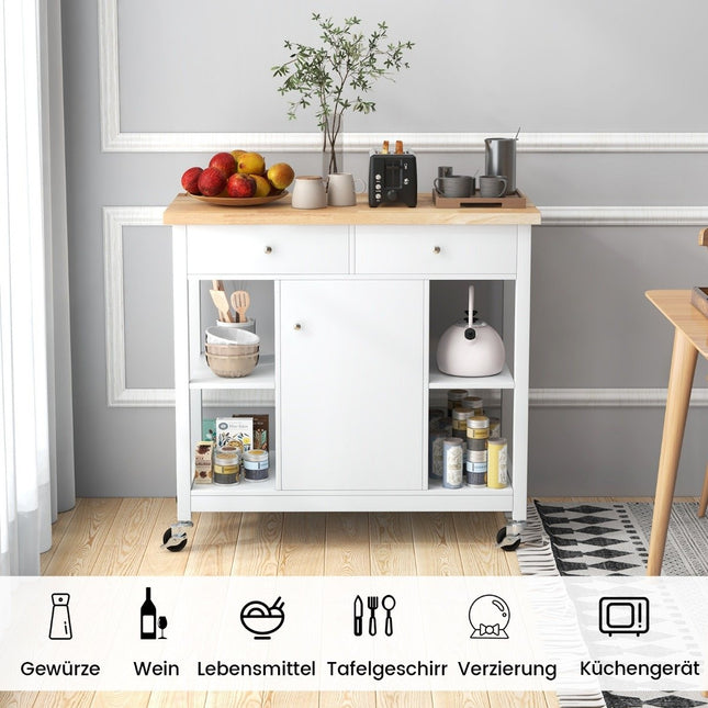 Kuchyňský vozík na kolečkách, kuchyňský ostrůvek s pracovní deskou, servírovací vozík se 2 zásuvkami, 99 x 46 x 90 cm, bílý