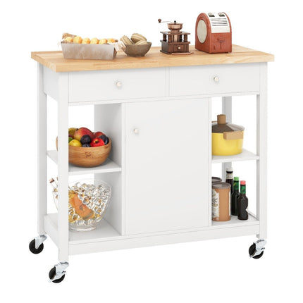 Kuchyňský vozík na kolečkách, kuchyňský ostrůvek s pracovní deskou, servírovací vozík se 2 zásuvkami, 99 x 46 x 90 cm, bílý