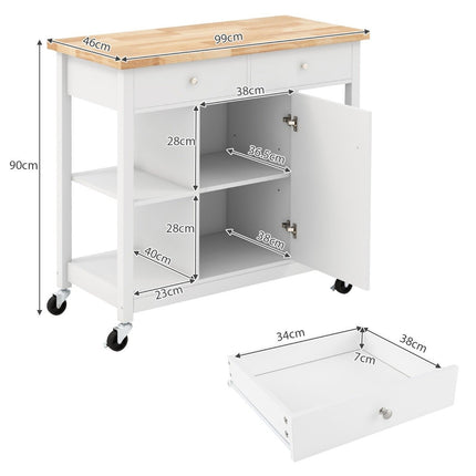 Kuchyňský vozík na kolečkách, kuchyňský ostrůvek s pracovní deskou, servírovací vozík se 2 zásuvkami, 99 x 46 x 90 cm, bílý