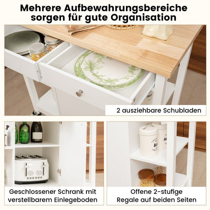 Kuchyňský vozík na kolečkách, kuchyňský ostrůvek s pracovní deskou, servírovací vozík se 2 zásuvkami, 99 x 46 x 90 cm, bílý